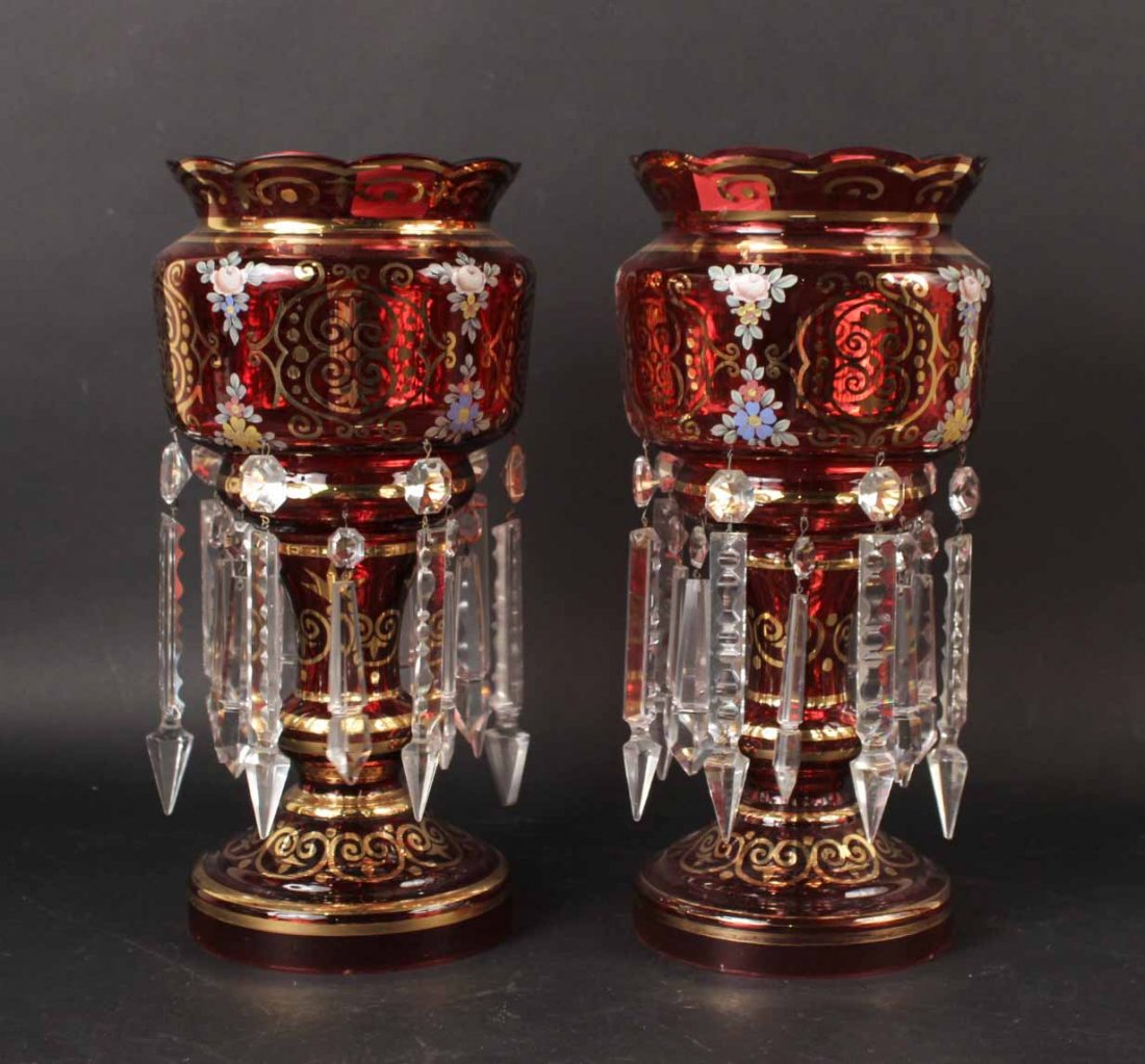 Pair of Ruby Glass and Crystal Prisms Lusters (1 of 5)
