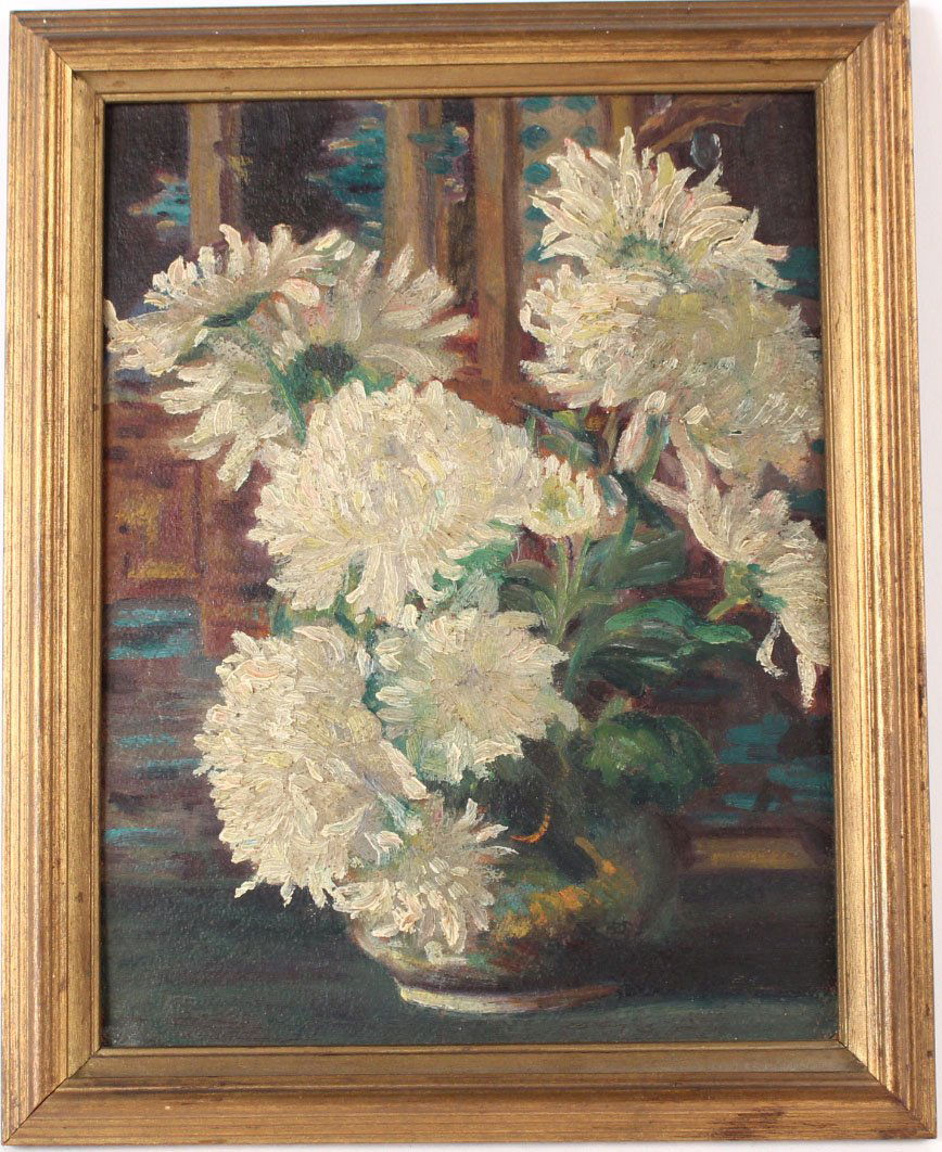 Oil on Board Floral Still Life, H.C. Nay: Verso inscribed in pen "Painted by H.C. Nay North Shore Artists Assoc. Gloucester Mass. 101 /2"h x 7 1/2"w