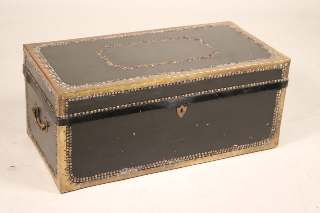 Brass-Mounted Leather and Oak Traveling Chest: 20th C. 13"h x 30-1/2"w x 15"d