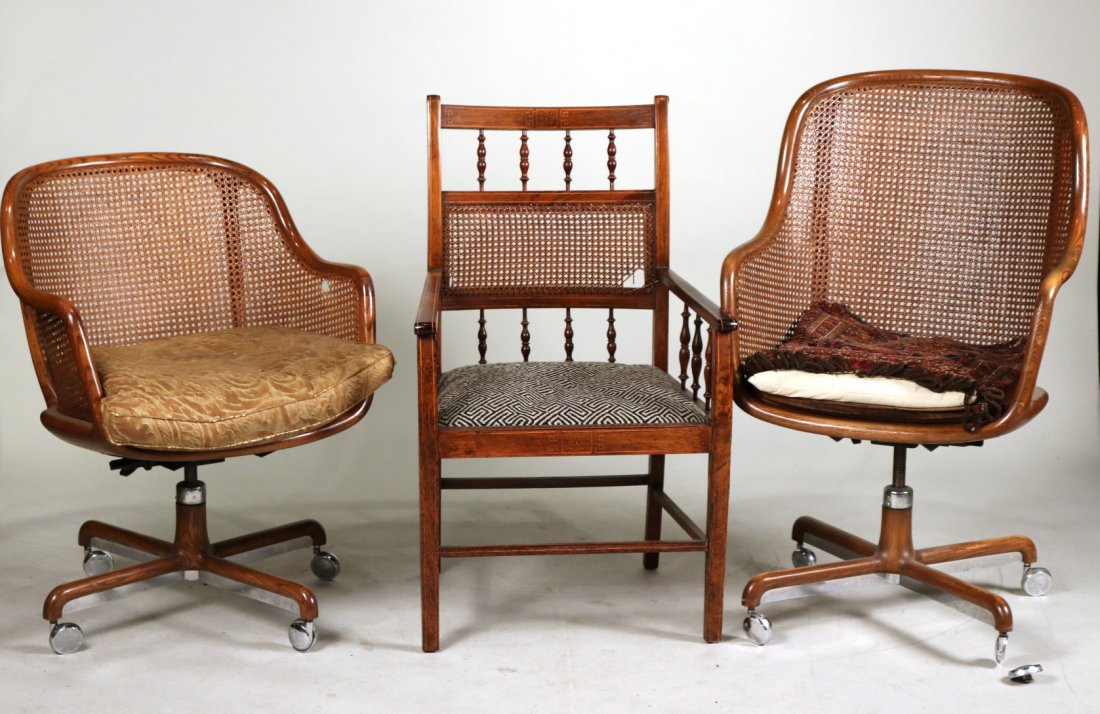 Two Oak and Rattan Desk Chairs: Together with an inlaid-oak and rattan armchair. 3 pieces 34"h, 41-1/2"h and 39"h