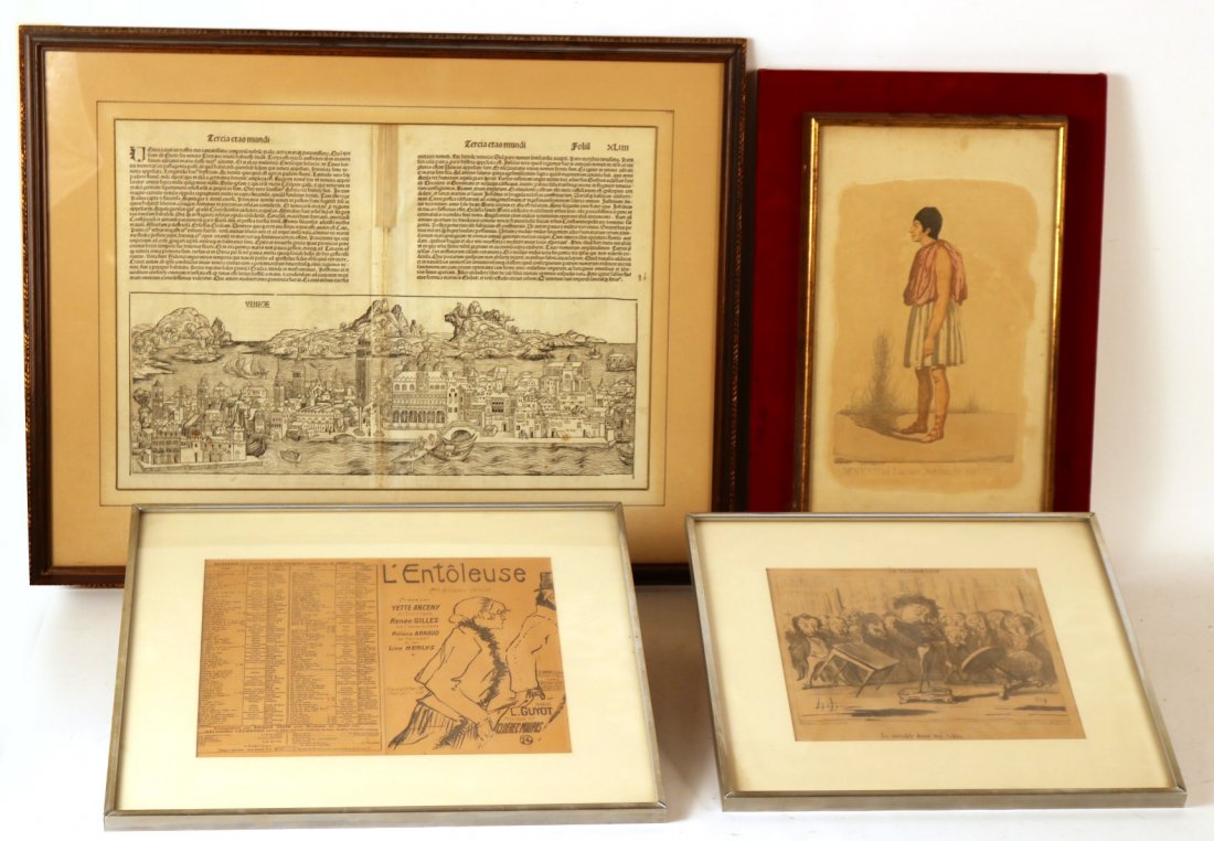 Latin Manuscript Page: Together with a print of Mr. Kean as Lucius Junius in Brutus, a print of La Fluidomanie, and a French advertisement page. 4 pieces Sight size: 16"h x 22"w