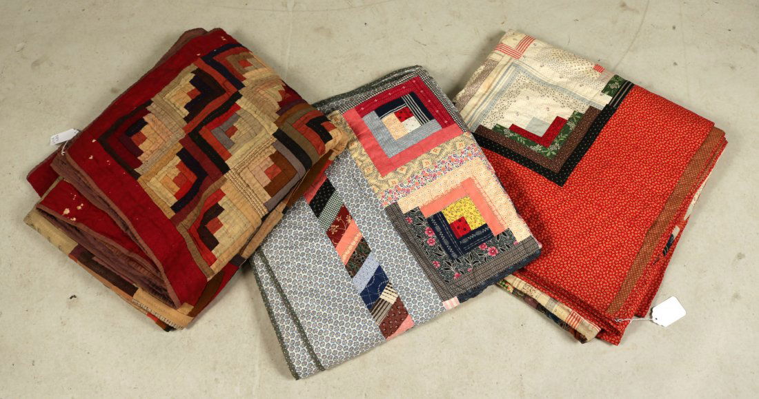 Three Log Cabin Hand-Stitched Pieced Quilts (1 of 8)