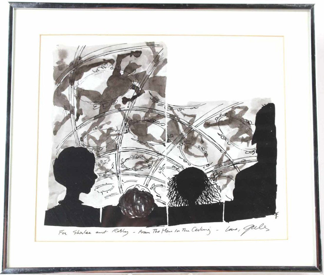 Mixed Media"The Man in the Ceiling" Jules Feiffer: Depicting the theater production of "The Man in the Ceiling," Personal inscription and signature in pen along bottom margin. 8"h x 9 1/2"w