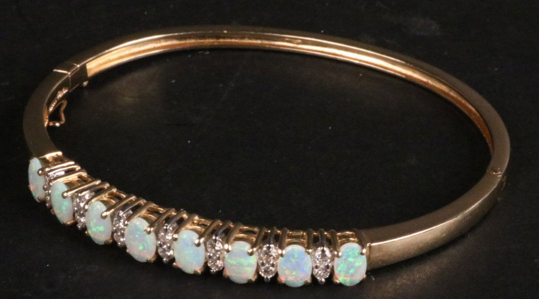 14K Yellow Gold Opal & Diamond Bangle Bracelet (1 of 4)