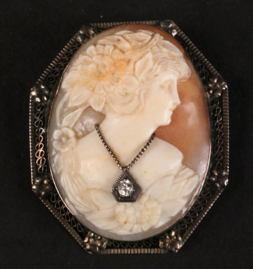 14K White Gold&Diamond Shell Cameo Brooch Pendant (1 of 6)