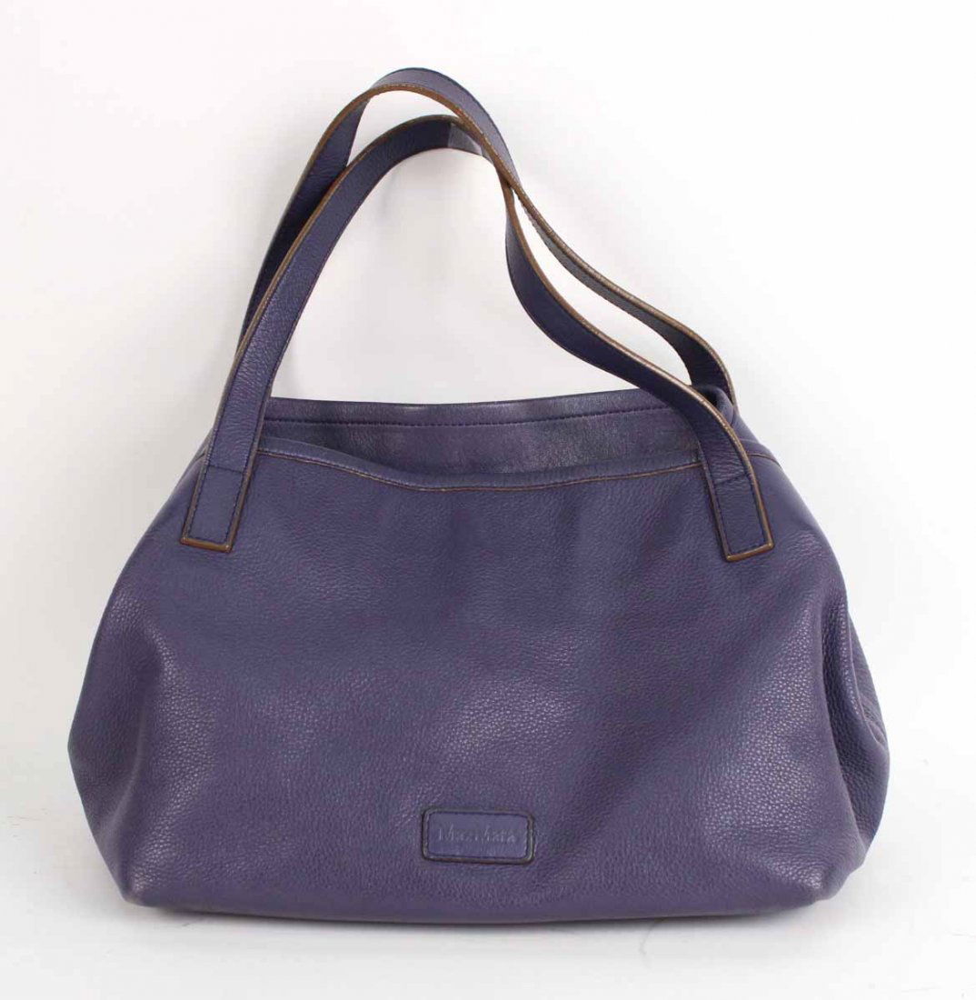 Max Mara Blue Leather Handbag: Made in Italy, centered tab button closure, back wall zippered compartment, blue leather key holder. 8"h x 12"w bottom x 8-1/2"d x double shoulder strap 8-1/2"drop
