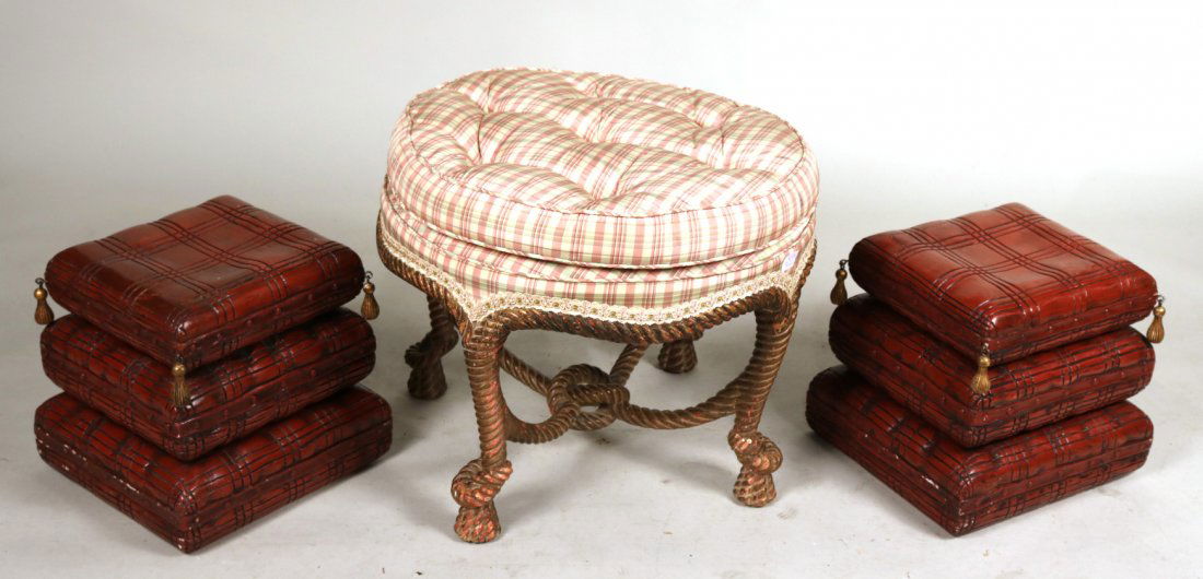 Pair of Carved and Painted Tasseled Footstools (1 of 9)