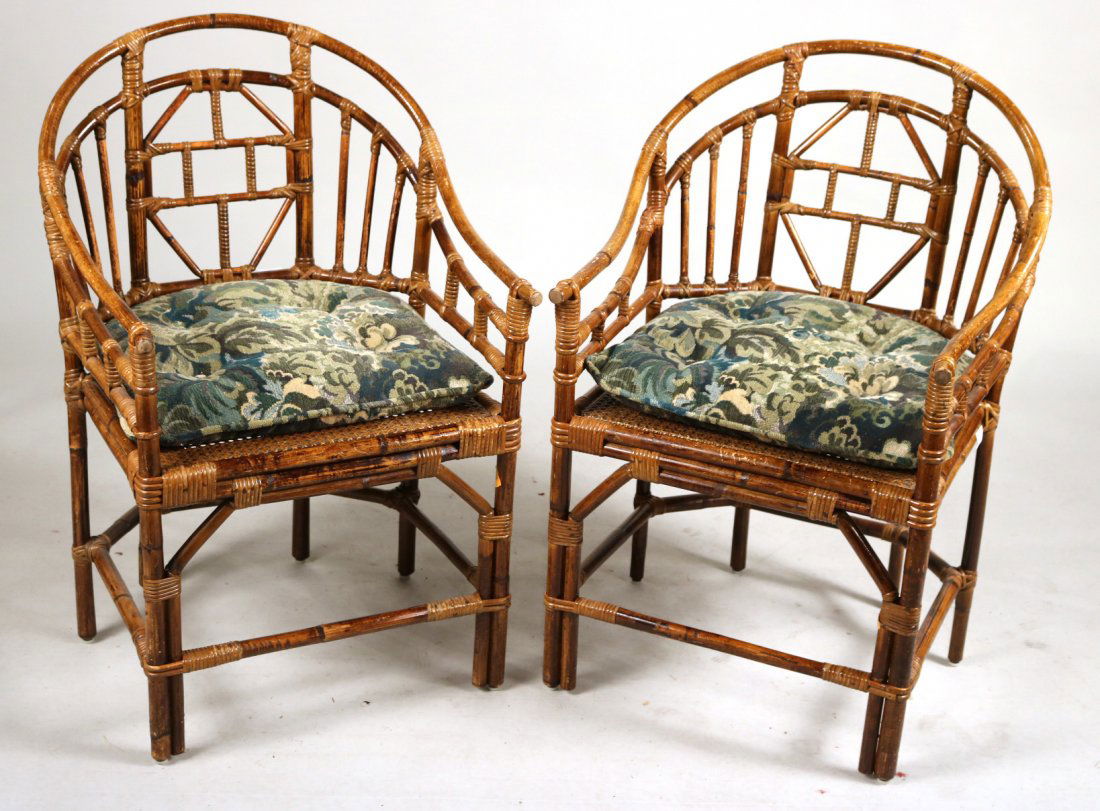 Pair of Bamboo and Caned Armchairs: Together with green fitted cushions. 35"h