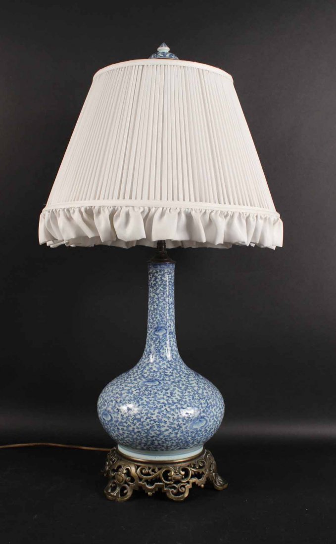 Chinese Blue and White Vase, Fitted as a Lamp: With ormolu base. 30"h