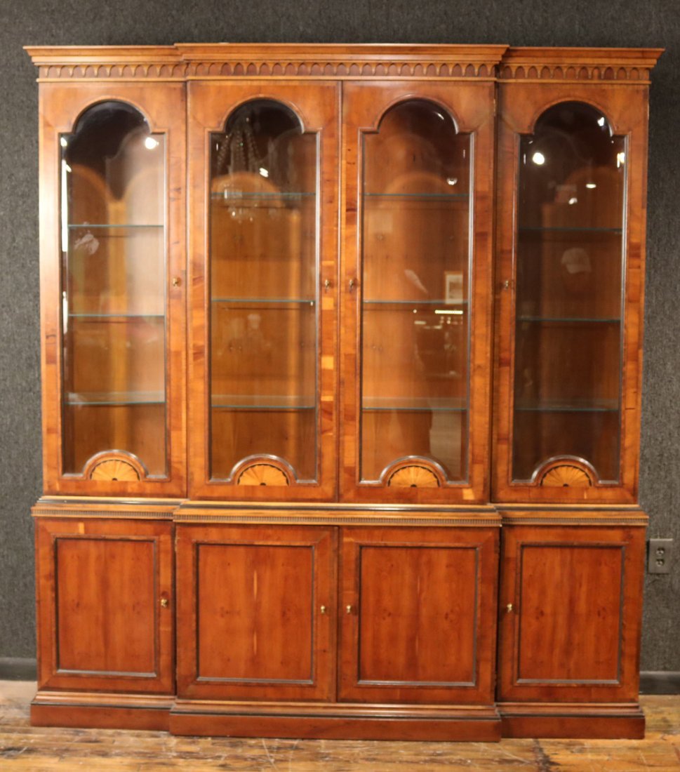 Henredon Inlaid Walnut Breakfront: In two parts, marked inside drawer "Henredon 48th Century." 7'h x 6'5-1/2"w x 16"d