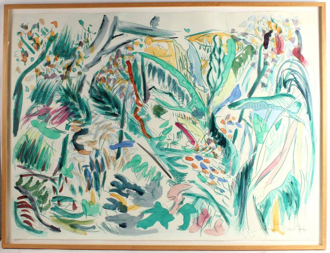 Lithograph, Huntington Suite 5, Michael Heindorff: (German, c. 1949) Signed in pencil l.r. RDA #18818 Bin #121 Overall good condition. Sight size: 35"h x 48"w