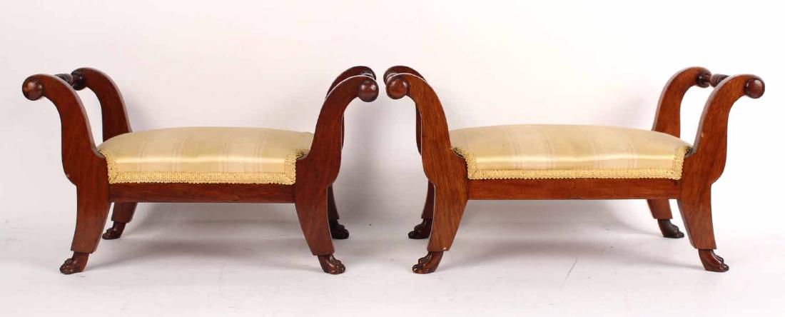 Pair of Classical Mahogany Pawfoot Footstools: American, 19th C., attributed to Duncan Phyfe, with original paw feet. 10-1/4"h x 19-1/4"w x 9-1/4"d