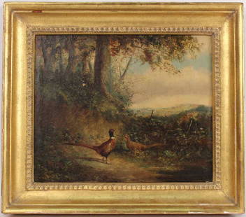 Oil on Canvas, Ring Neck Pheasants: Probably English, 19th C., signed l.l. "Tom Hold(?)" verso stamped by "Geo Rowney & Co., Oxford, London." Sight size: 10"h x 11-3/4"w