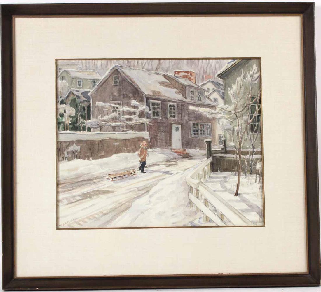 Watercolor, Figure with Sled on Snowy Street: Signed l.l. "W. Greene." Sight size: 13-1/2"h x 16-1/2"w