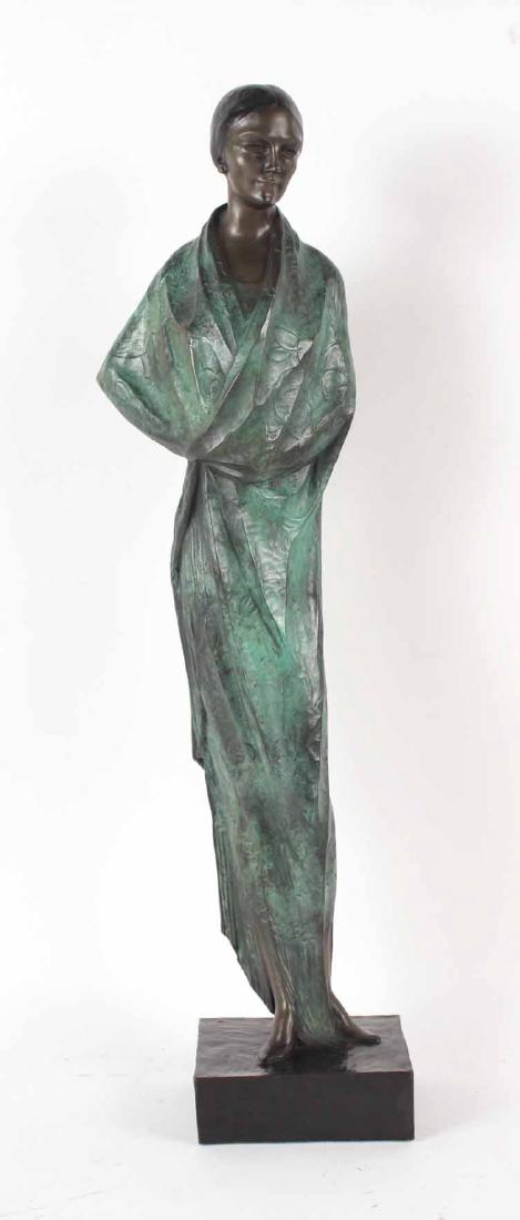 Bronze Statue, Woman, Santiago-Rodriguez Bonome: (Spanish 1901-1977), Bronze, dark brown patina, depicting a woman wrapped in a robe, signed 'Bonome 1979' and with Cire Perdue / Le Blank Barbedienne / Paris foundry stamp. 26"h