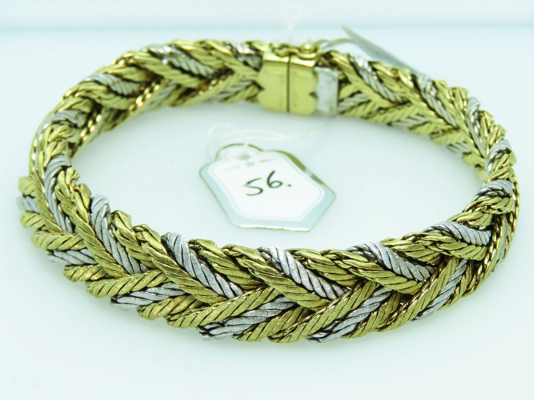 VINTAGE BUCCELLATI 18K GOLD BRACELET, TWO TONE CREPE DE: VINTAGE BUCCELLATI 18K GOLD BRACELET, TWO TONE CREPE DE CHINE PATTERN. 70.39 GRAMS; 7.5 INCH LENGTH X 0.5 INCH WIDE; (INCLUDES ORIGINAL BOX)