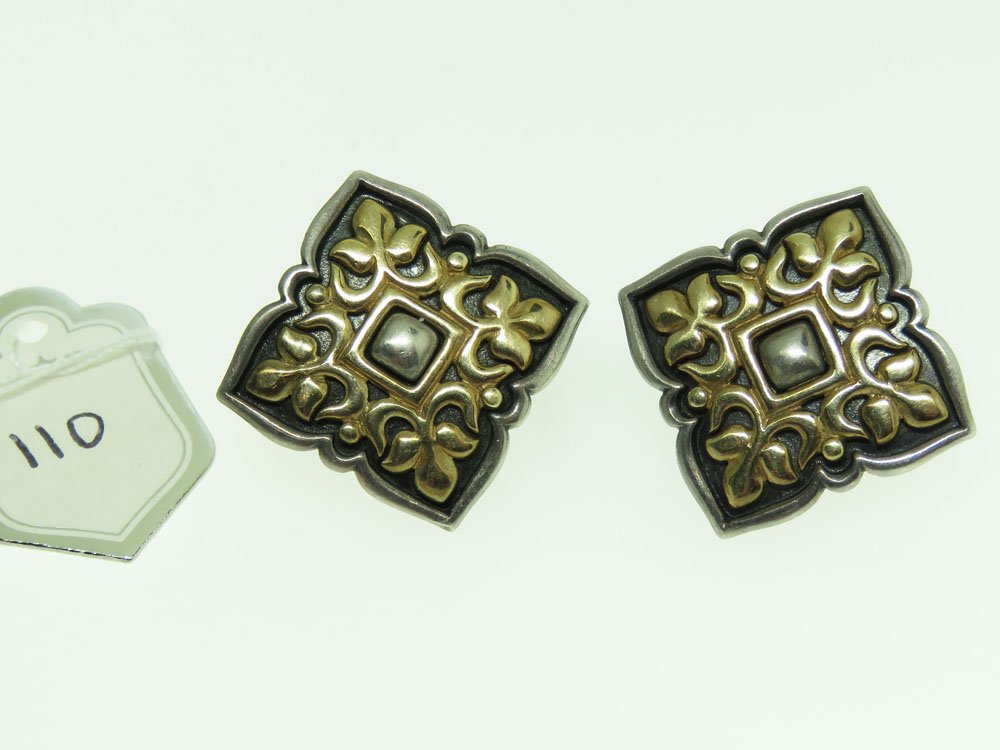 JAMES AVERY DESIGNER 14K GOLD & STERLING SILVER: JAMES AVERY DESIGNER 14K GOLD & STERLING SILVER EARRINGS. RETIRED; 23MM X 23MM; 9.95 GRAMS