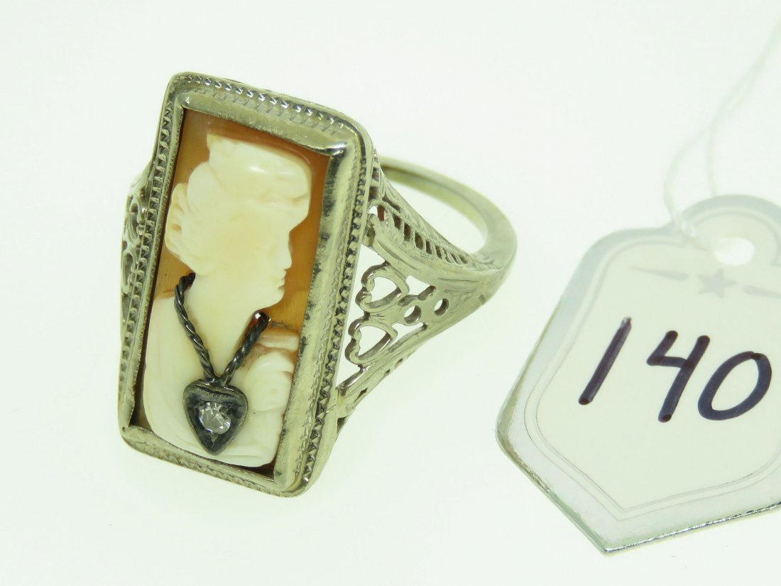 ART DECO 14K WHITE GOLD FILIGREE CAMEO DIAMOND RING,: ART DECO 14K WHITE GOLD FILIGREE CAMEO DIAMOND RING. SIZE 4.75 US/CANADA (CAN BE RESIZED); 3.7 GRAMS; 20.3MM TOP(N-S); (LITTLE/NO WEAR)