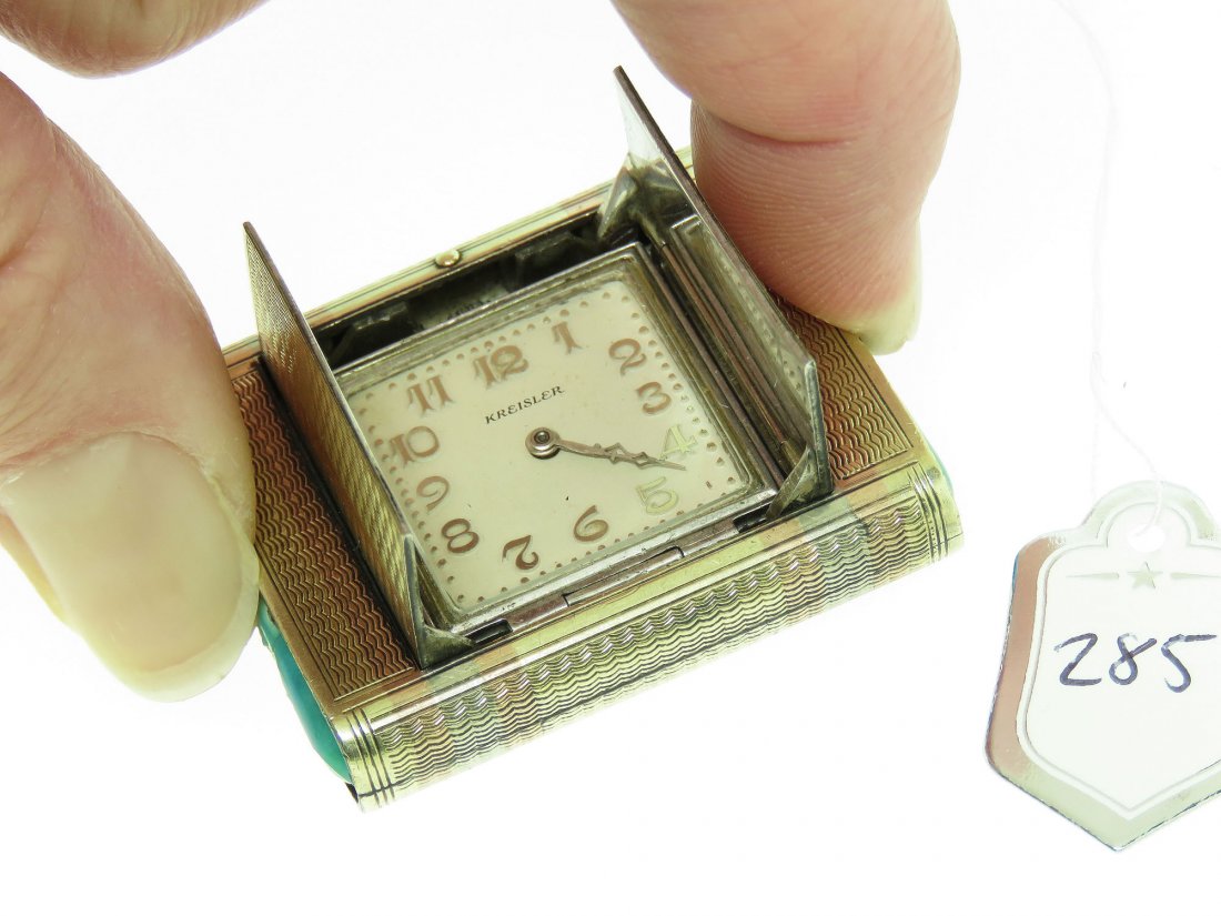 VERY RARE KREISLER FOLDING WATCH, 14K GOLD & STERLING: VERY RARE KREISLER FOLDING WATCH, 14K GOLD & STERLING SILVER CASE. CASE 45.5MM X 32.5MM; 46.9 GRAMS; (SOME ENAMEL DAMAGE TO ONE OF THE PUSH BUTTONS, SEE PHOTOS; WORKING BUT NOT GUARANTEED)
