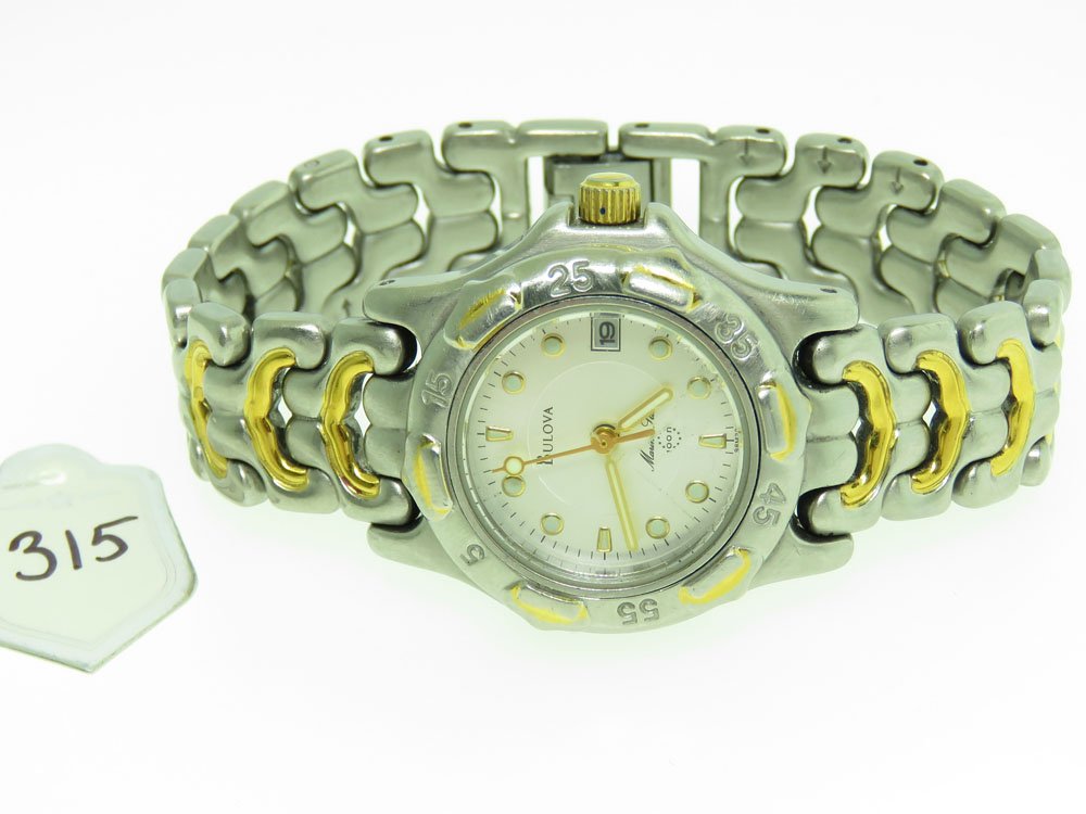 BULOVA MARINE STAR LADIES WRIST WATCH, QUARTZ MOVEMENT: BULOVA MARINE STAR LADIES WRIST WATCH, QUARTZ MOVEMENT. 6 INCH WRIST; (NEEDS NEW BATTERY, USED, SOME SCRATCHES, NO GUARANTEE ON ANY TIME PIECE)