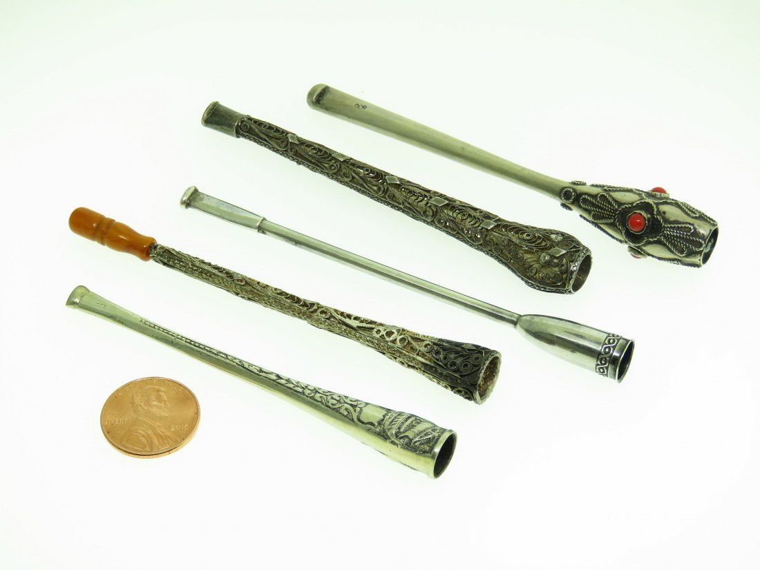 LOT (5) ANTIQUE SILVER CIGARETTE HOLDERS (1 of 5)
