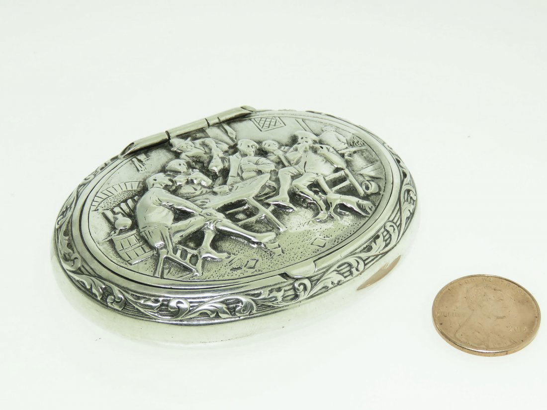 ANTIQUE CONTINENTAL SILVER REPOUSSE BOX, TAVERN SCENE (1 of 6)