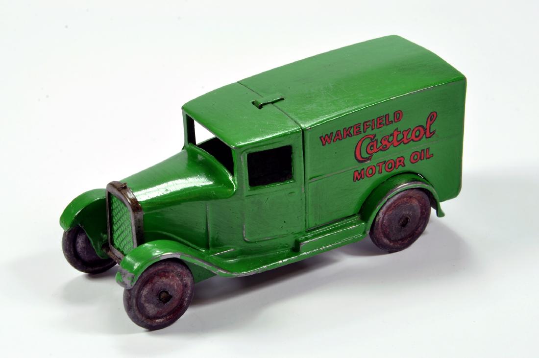 Dinky No. 28M Pre-war Delivery Van - Castrol - Type 1: Dinky No. 28M Pre-war Delivery Van - Castrol - Type 1 issue. Green with red lettering to sides, Wakefield Castrol Motor Oil. Tinplate radiator surround and purple colour washed wheels. A fine original