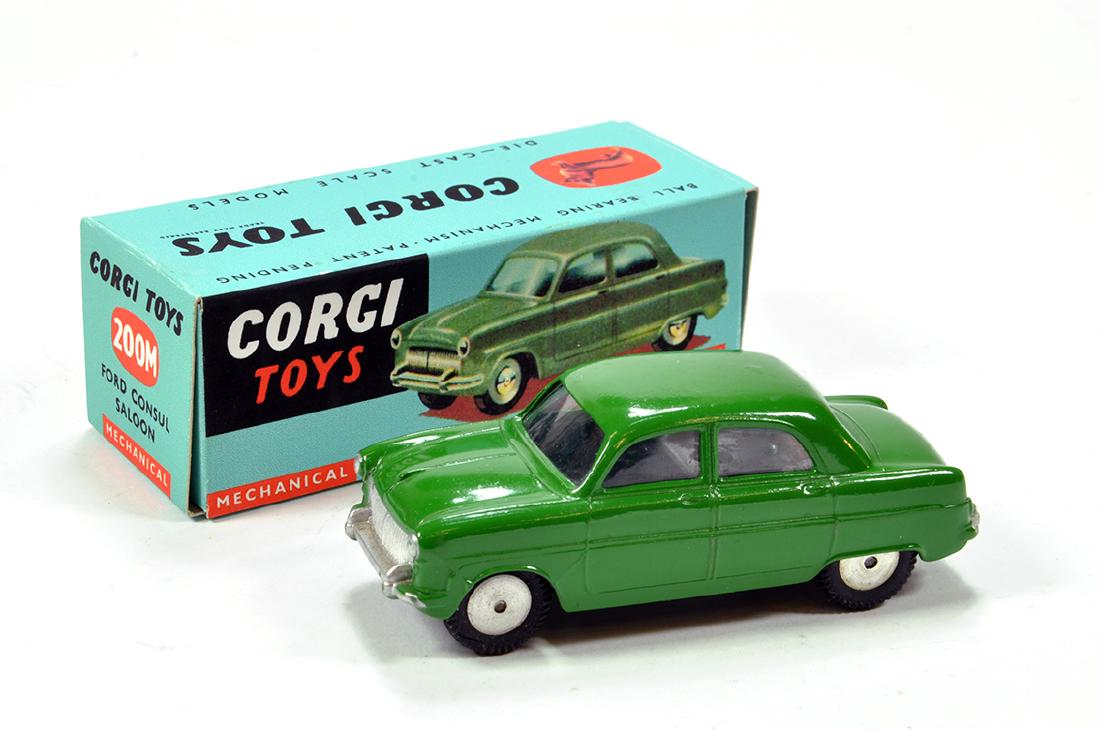 Corgi No. 200M Ford Consul Saloon with green body,: Corgi No. 200M Ford Consul Saloon with green body, silver trim and flat spun hubs. E to NM in Repro Box.