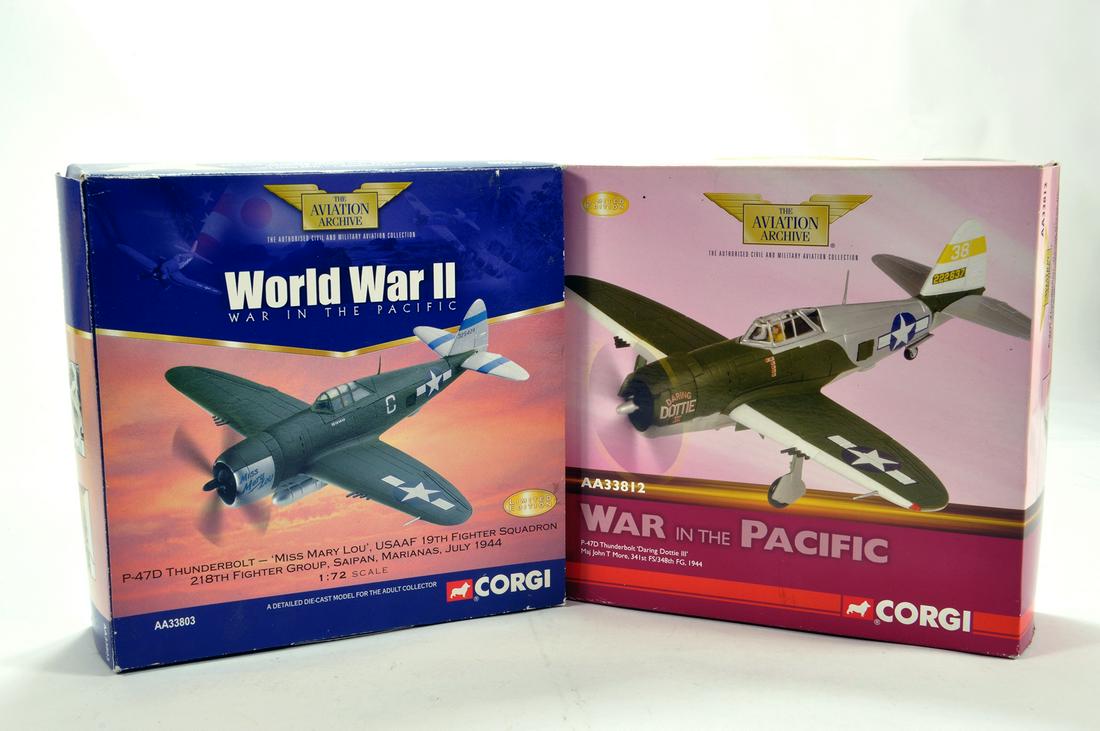 Corgi 1/72 Diecast Aircraft Issue Duo comprising No.: Corgi 1/72 Diecast Aircraft Issue Duo comprising No. AA33803 P-47D Thunderbolt USAAF plus No. AA33812 P-47D Thunderbolt Daring Dottie. E to NM in Boxes. (2)