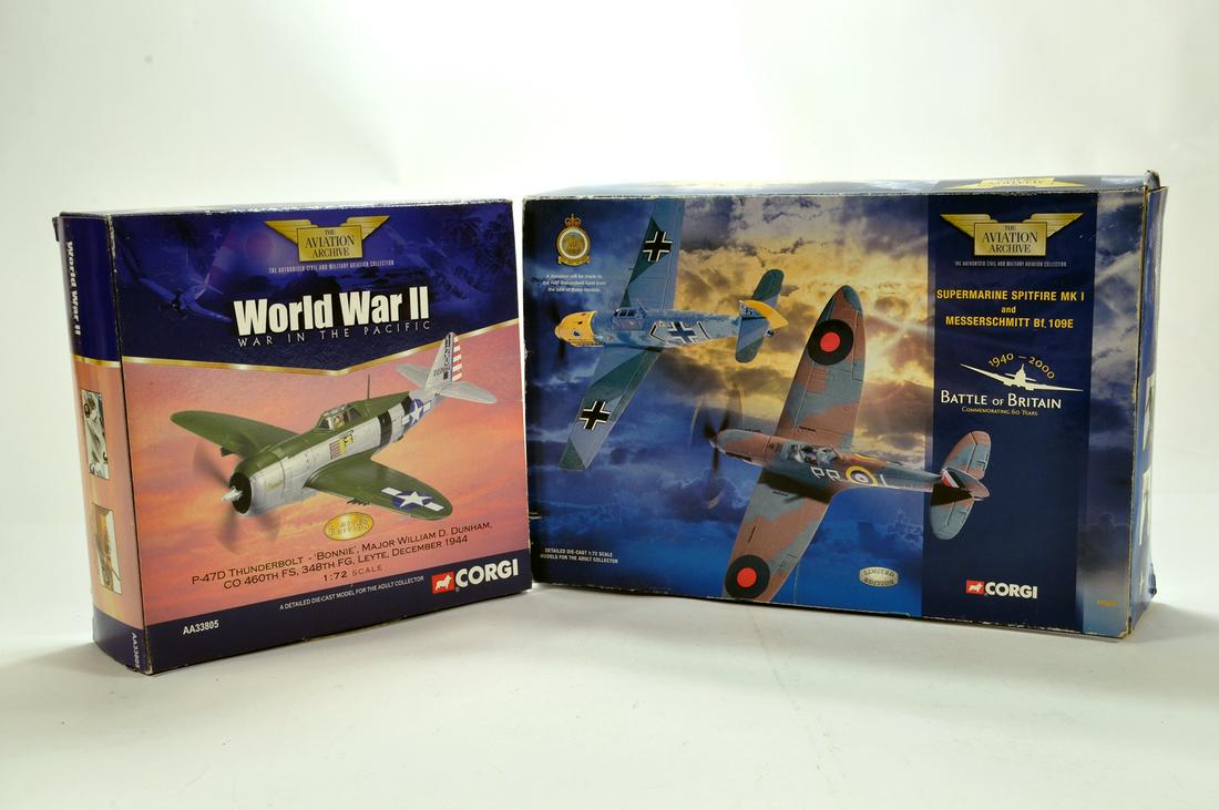 Corgi 1/72 Diecast Aircraft Issue Duo comprising No.: Corgi 1/72 Diecast Aircraft Issue Duo comprising No. AA33805 P-47D Thunderbolt Bonnie plus No. 49505 Battle of Britain Spitfire Set. E to NM in Boxes. (2)