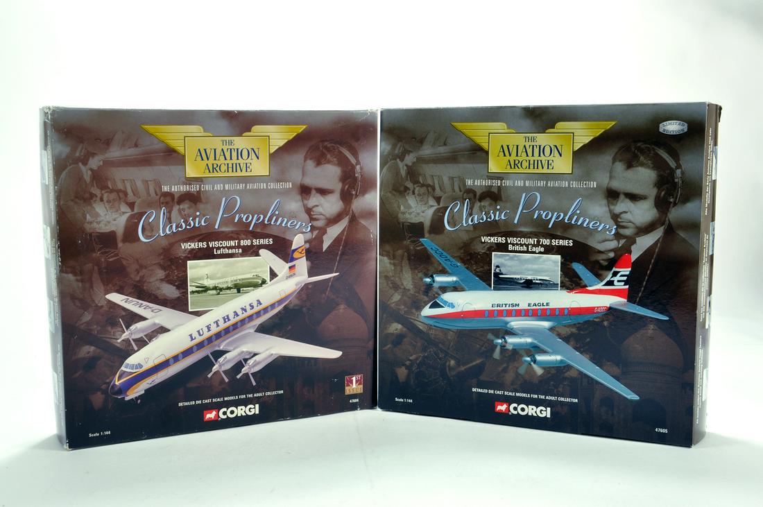 Corgi 1/144 Diecast Aircraft duo Issue comprising No.: Corgi 1/144 Diecast Aircraft duo Issue comprising No. 47604 Vickers Viscount Lufthansa plus No. 47605 Vickers Viscount British Eagle. E to NM in Boxes. (2)