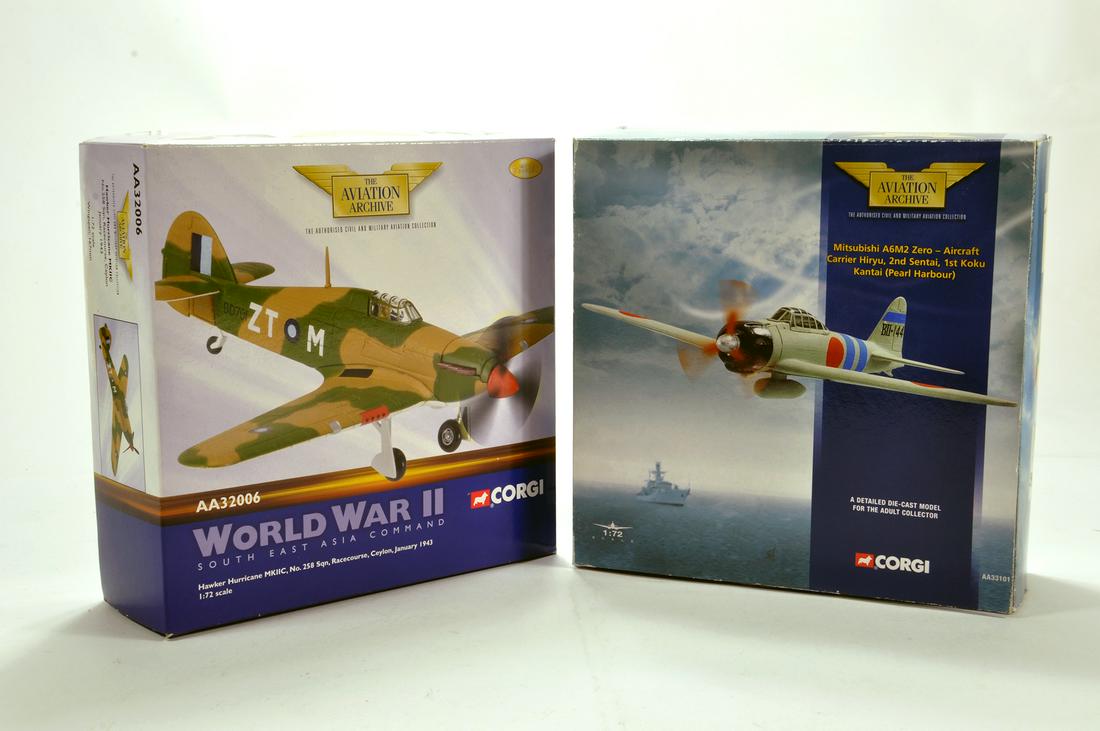 Corgi 1/72 Diecast Aircraft duo Issue comprising No.: Corgi 1/72 Diecast Aircraft duo Issue comprising No. AA32006 Hawker Hurricana plus No. AA33101 Mitsubishi A6M2. E to NM in Boxes. (2)