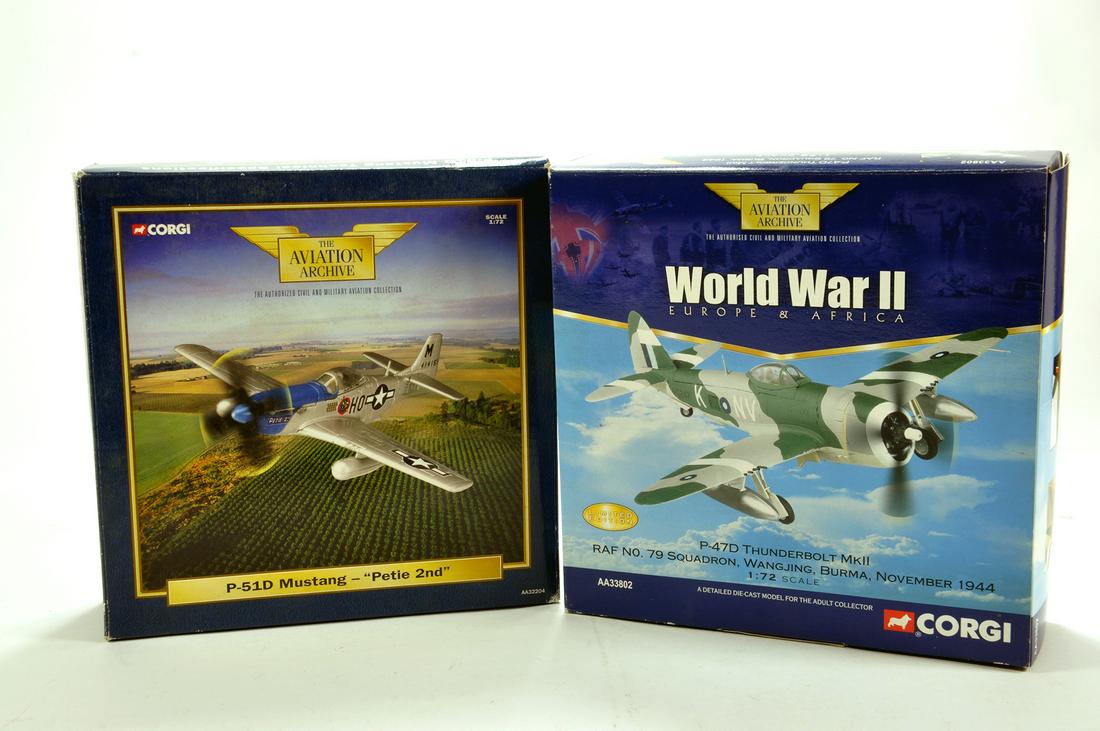 Corgi 1/72 Diecast Aircraft duo Issue comprising No.: Corgi 1/72 Diecast Aircraft duo Issue comprising No. AA32204 p-51D Mustang Petie 2nd plus No. AA33802 P-47D Thunderbolt RAF Burma. E to NM in Boxes. (2)