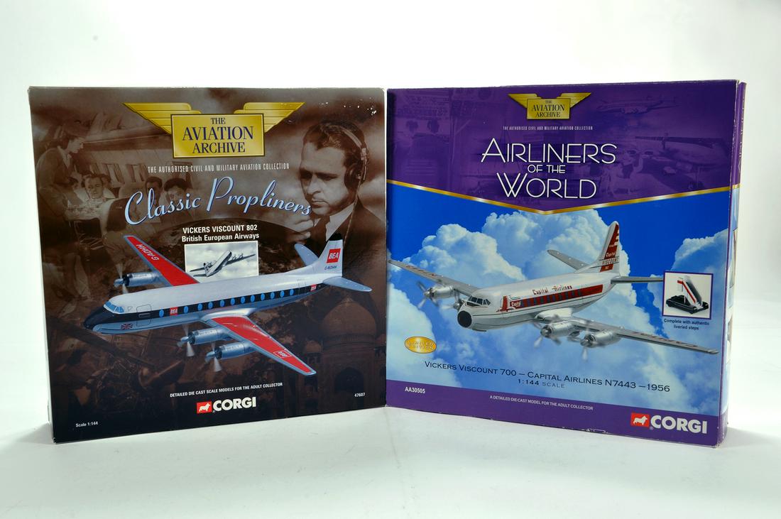 Corgi 1/144 Diecast Aircraft duo Issue comprising No.: Corgi 1/144 Diecast Aircraft duo Issue comprising No. 47607 Vickers Viscount 802 BEA plus No. AA30505 Vickers Viscount Capital Airlines. E to NM in Boxes. (2)