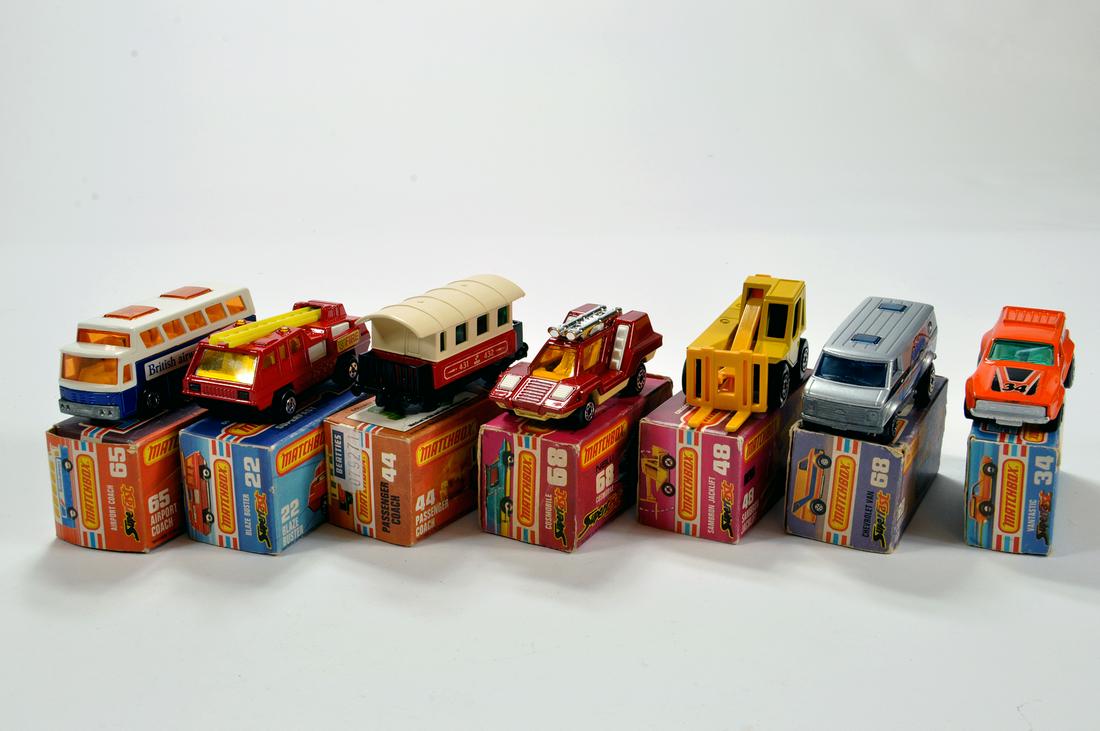 An assortment of Matchbox 1-75 comprising No. 65 Coach,: An assortment of Matchbox 1-75 comprising No. 65 Coach, No. 22 Blaze Buser, No. 44 Passenger Coach, No. 68 Cosmobile, No. 48 Jacklift, No. 68 Chevrolet Van and No. 34 Vantastic. Generally NM in boxes.
