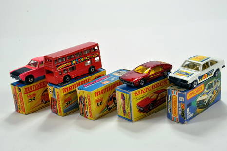 An assortment of Matchbox 1-75 comprising No. 54 Ford: An assortment of Matchbox 1-75 comprising No. 54 Ford Capri, 17 Bus, 66 Empty Box, 20 Lamborghini Marzal and 9 Ford RS2000. Generally E to NM in Boxes .(5)