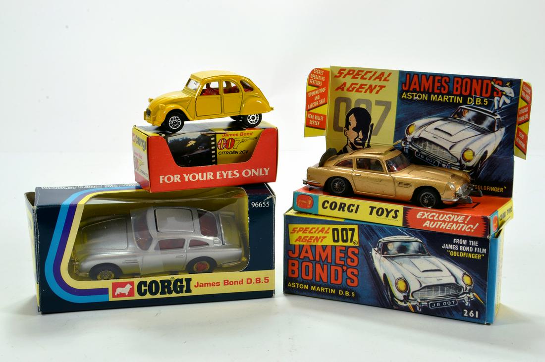 James Bond Trio of Diecast Comprising No. 96655 Aston: James Bond Trio of Diecast Comprising No. 96655 Aston Martin DB5, Citroen 2CV plus Corgi No. 261 Aston Martin DB5 Goldfinger (reprobox). Generally VG to NM in Boxes. (3)