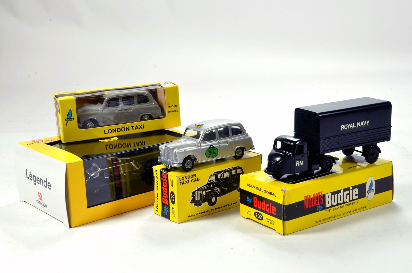 Interesting diecast group comprising mainly Budgie: Interesting diecast group comprising mainly Budgie including promotional taxi issues, Scammell and Norev Citroen. Generally E to NM in Boxes. (4)