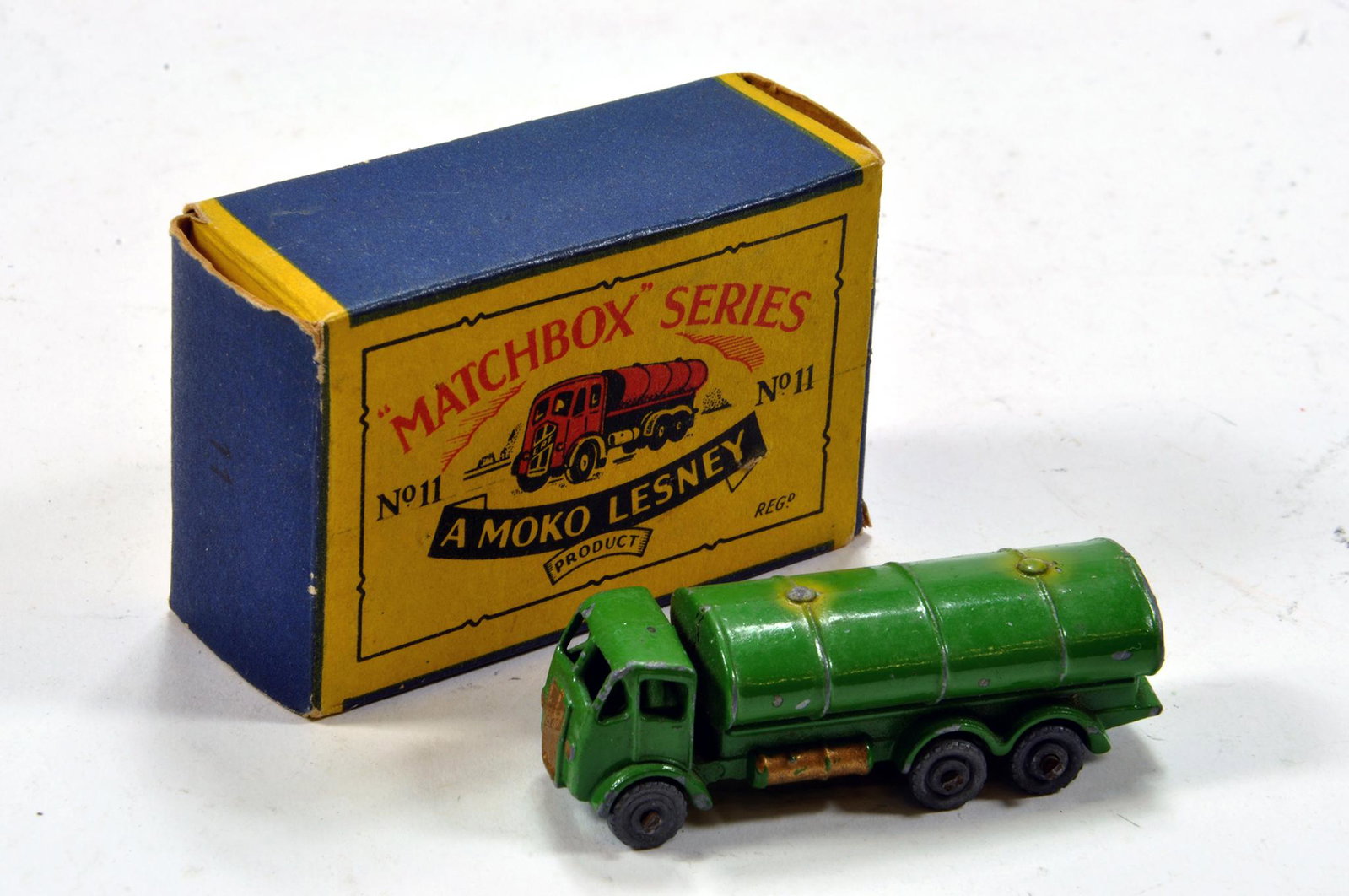 Matchbox Lesney 1-75 Series No. 11a ERF Tanker. Rare: Matchbox Lesney 1-75 Series No. 11a ERF Tanker. Rare issue with green body with gold trim. Generally G in G to VG Box.