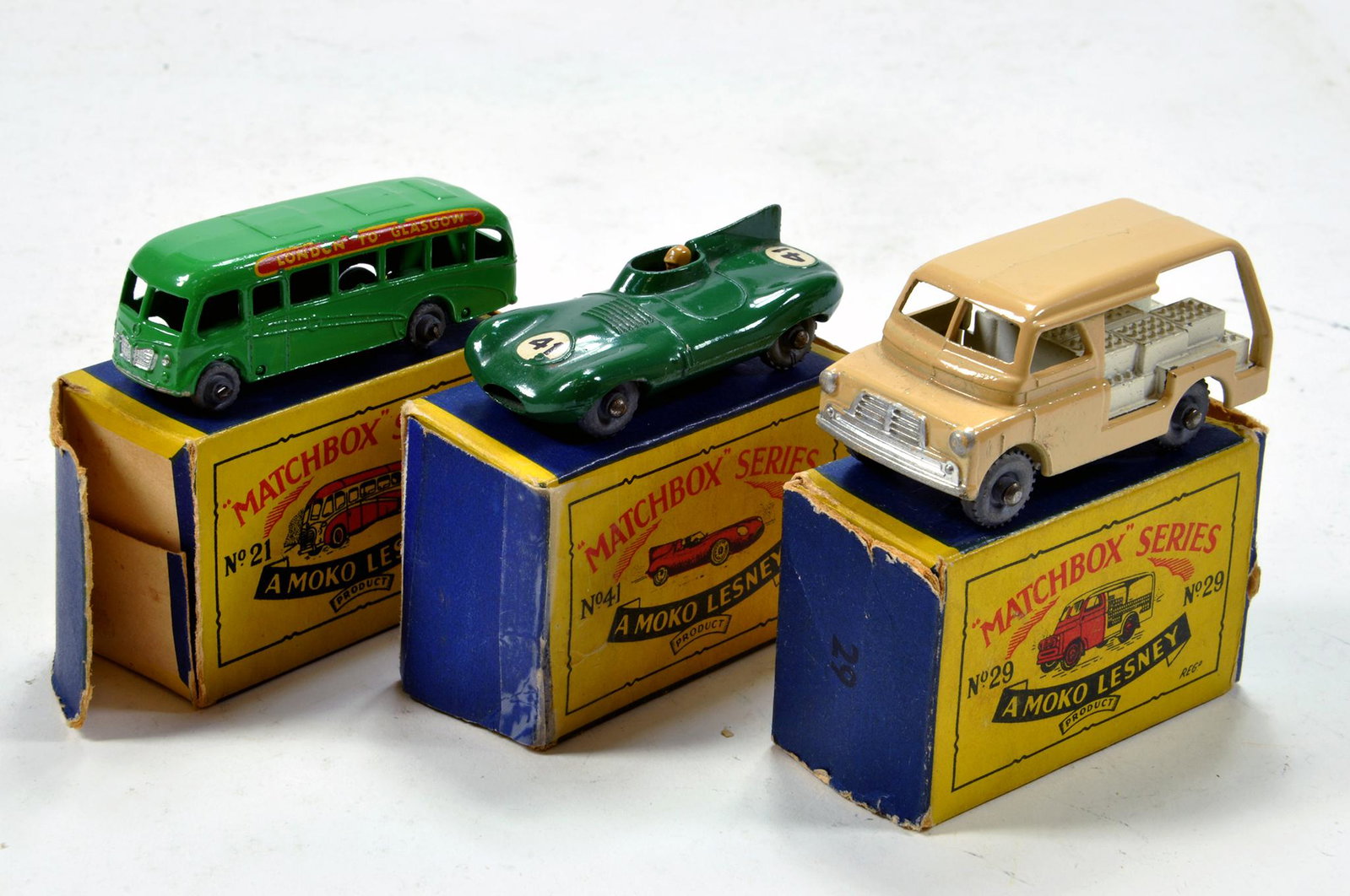 Trio of boxed Matchbox Lesney 1-75 series diecast: Trio of boxed Matchbox Lesney 1-75 series diecast issues comprising No. 21, 41 and 29. Generally E in F Boxes. (3)
