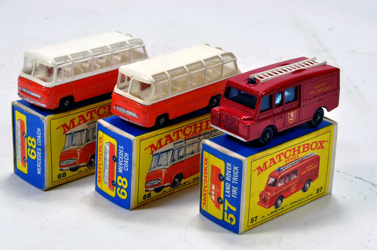 Trio of boxed Matchbox Lesney 1-75 series diecast: Trio of boxed Matchbox Lesney 1-75 series diecast issues comprising No. 68 x 2 and 57. Generally VG in G to VG Boxes. (3)