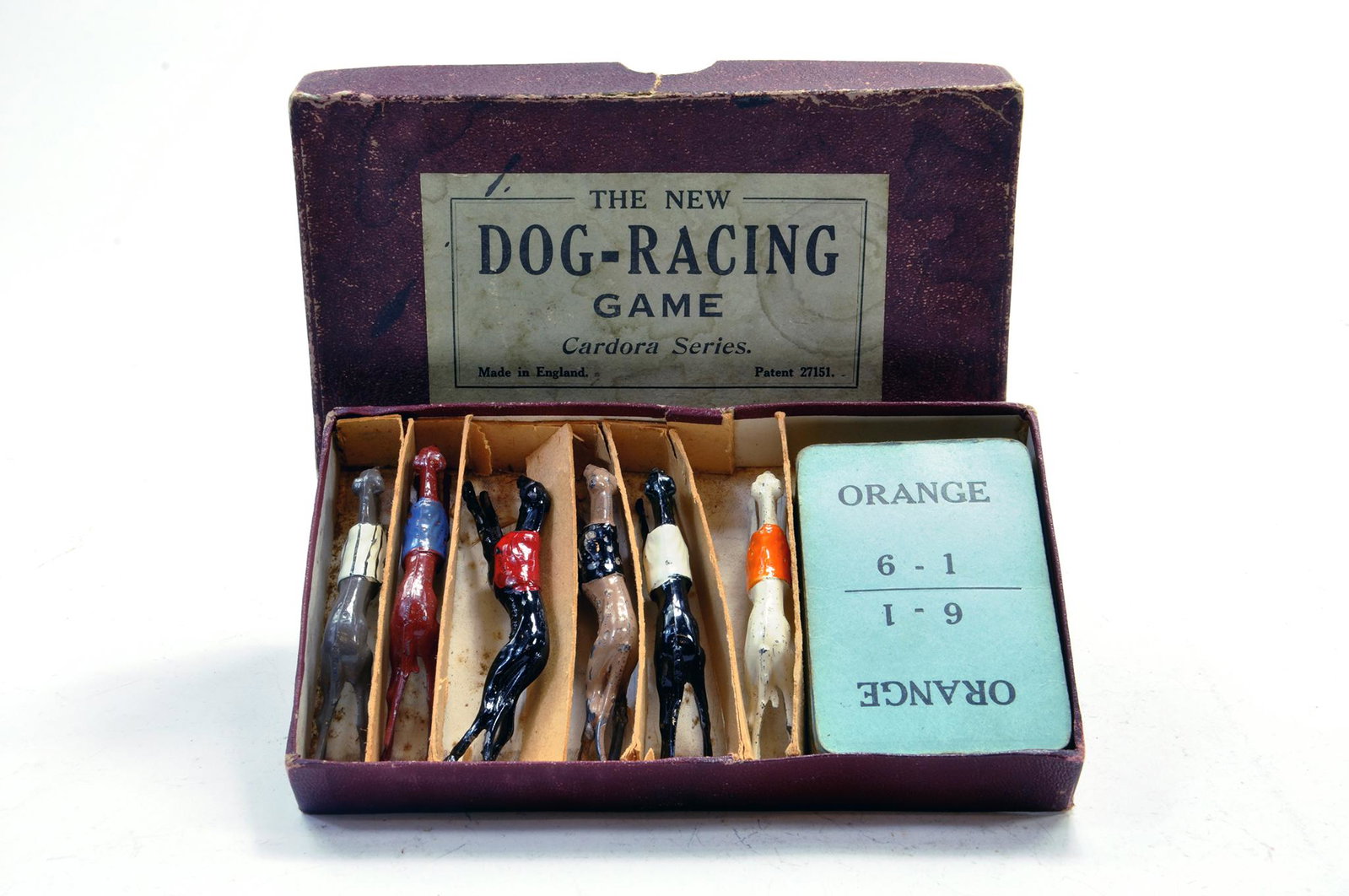 Cardora Dog Race Game from 1930's comprising 6 x Racing: Cardora Dog Race Game from 1930's comprising 6 x Racing Greyhounds by Johillco. Fine example is well preserved. Scarce.