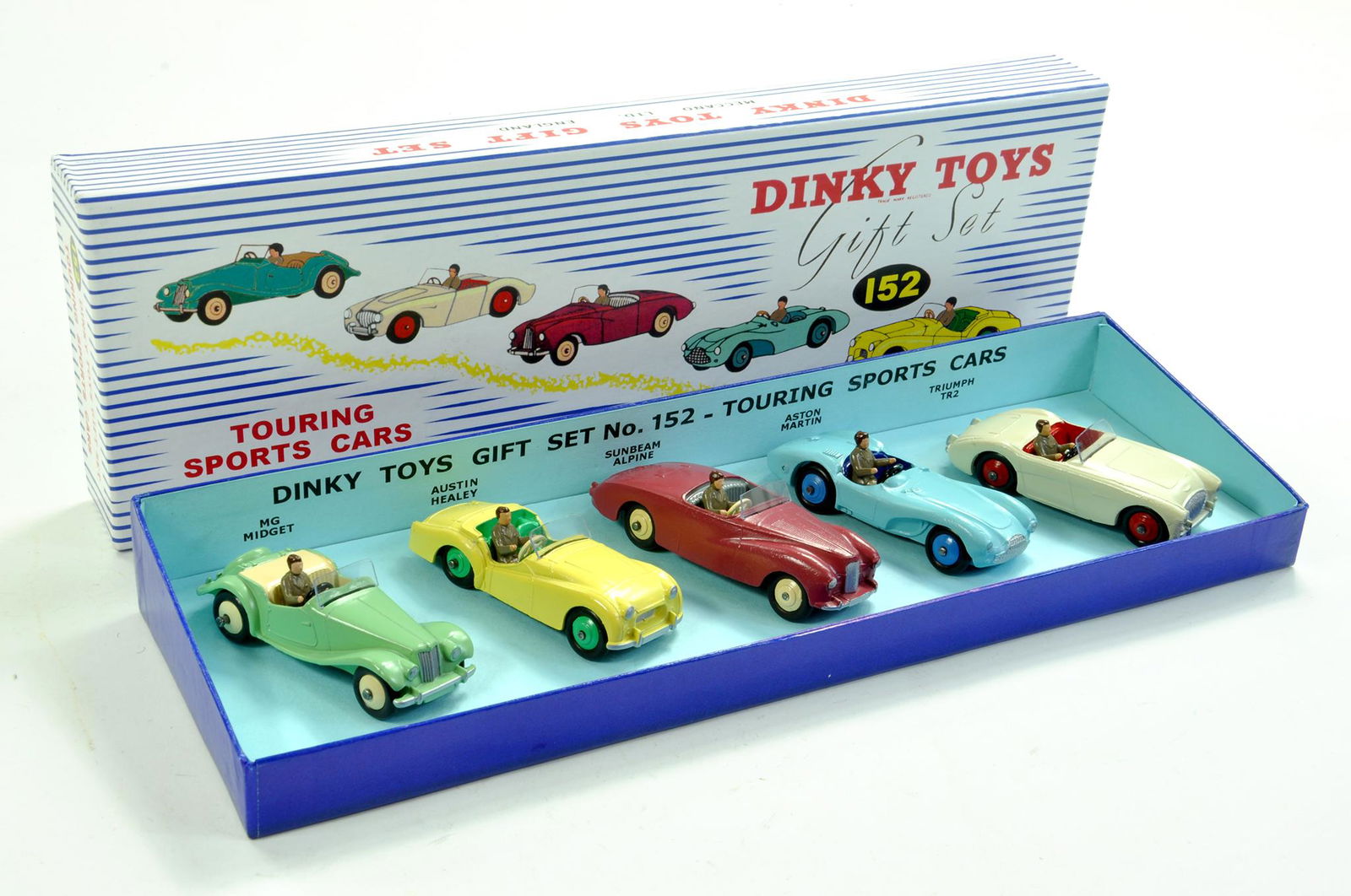 Dinky Toys Code 3 Gift Set No. 153 Touring Sports Cars: Dinky Toys Code 3 Gift Set No. 153 Touring Sports Cars comprising MG Midget, Austin Healey, Sunbeam Alpine, Aston Martin and Triumph TR2. Beautifully restored set with reproduction box. Displays Super