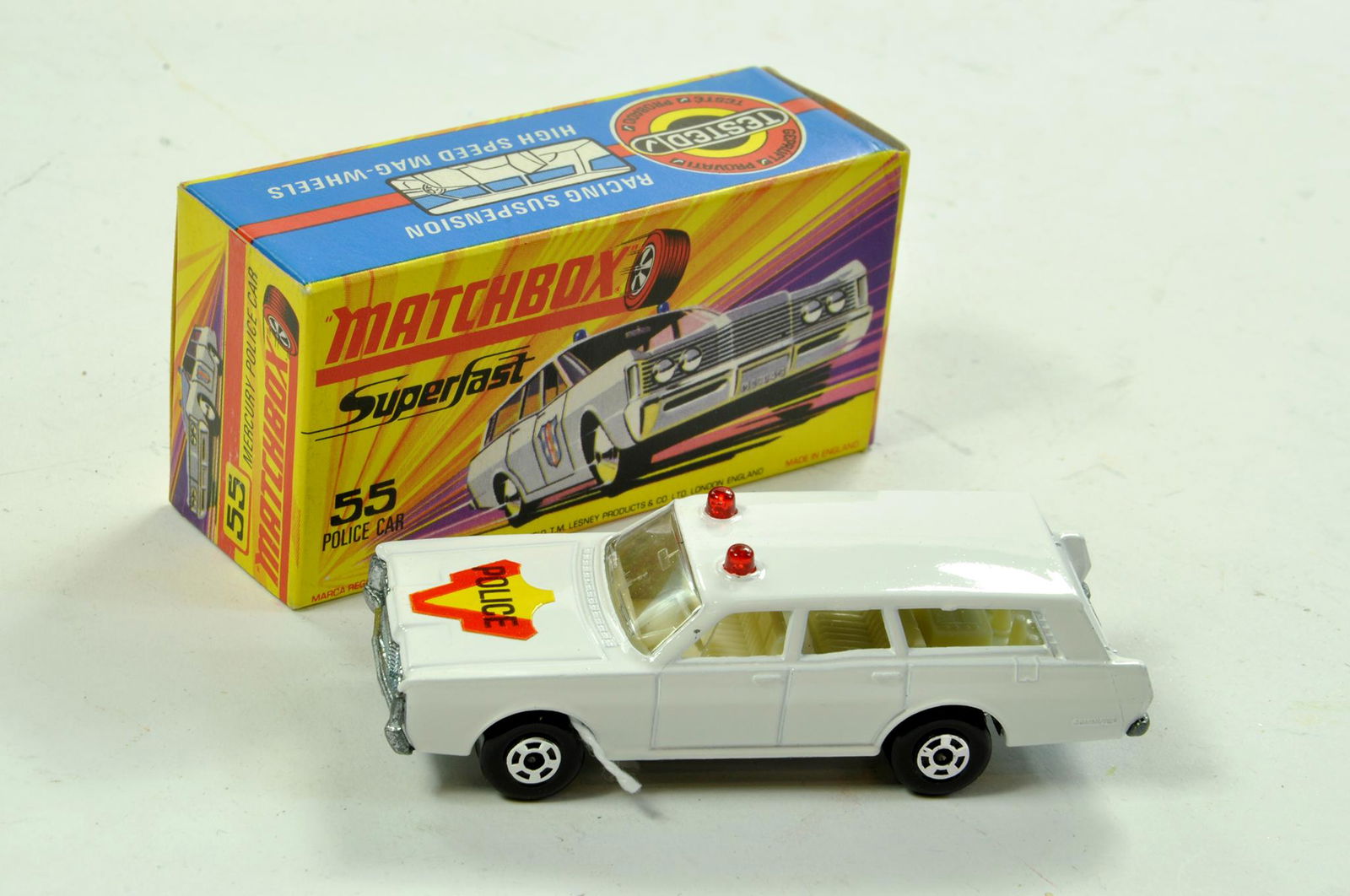 Matchbox Superfast No. 55b Mercury Commuter Police Car.: Matchbox Superfast No. 55b Mercury Commuter Police Car. Fine example is very good to excellent in very good to excellent box. Enhanced Condition Reports: We are more than happy to provide further imag