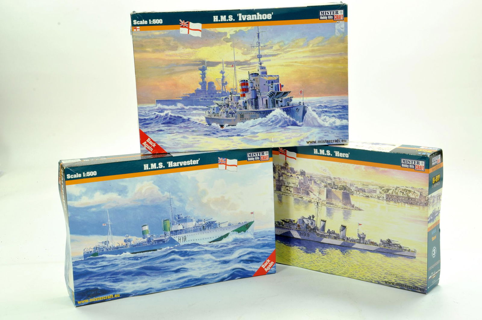 Trio of Mister Craft 1/500 plastic waterline ship kits.: Trio of Mister Craft 1/500 plastic waterline ship kits. All complete, ex shop stock. Enhanced Condition Reports: We are more than happy to provide further images of any lot. Please contact us by email
