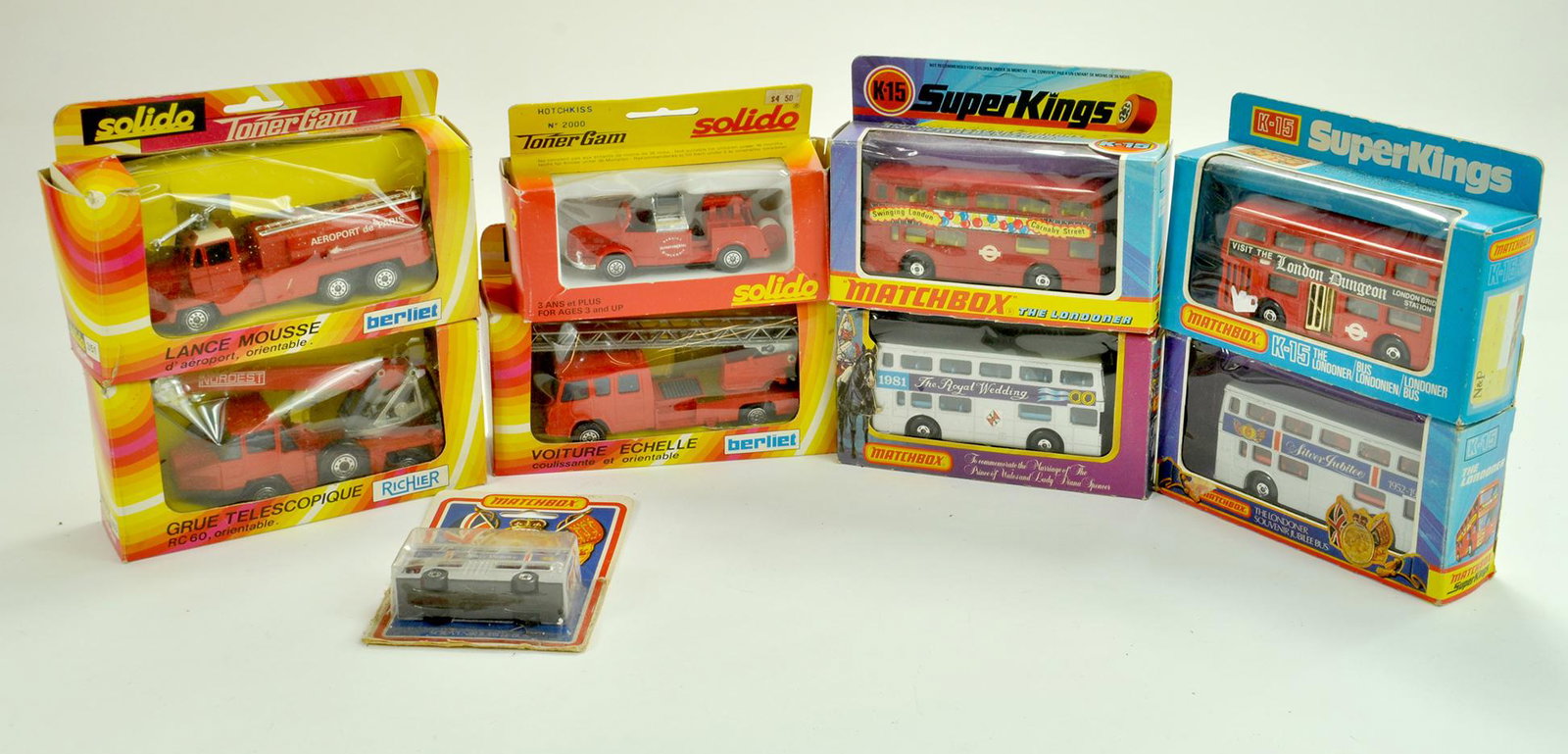 Solido Fire related models plus Matchbox Superkings: Solido Fire related models plus Matchbox Superkings Londoner bus quartet plus one other. Excellent with boxes. Note: We are always happy to provide additional images for any lot listed in addition to 