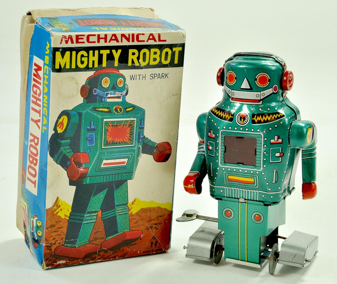 SY Toys, Japan, 6" Mechanical Mighty Robot with Spark.: SY Toys, Japan, 6" Mechanical Mighty Robot with Spark. Bright example appears very good in good box. Note: We are always happy to provide additional images for any lot listed in addition to enhanced c