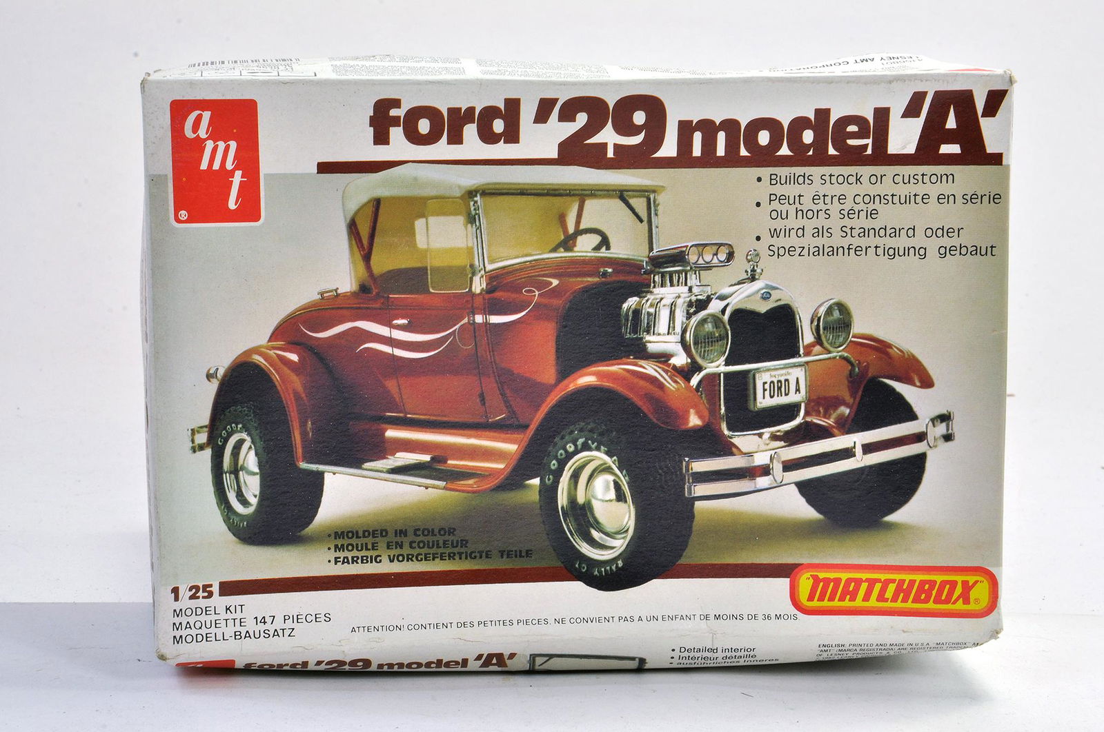 AMT Matchbox Plastic Model Kit. 1:25 scale comprising: AMT Matchbox Plastic Model Kit. 1:25 scale comprising of no. PK-4156 Ford '29 model A. Appears to be complete. Very good to excellent. Some storage wear to box. Condition Reports: Please contact us fo