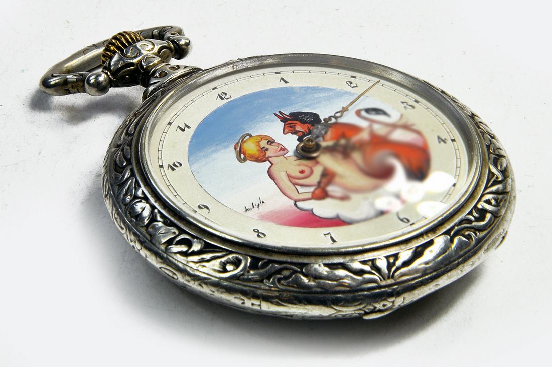 Doxa late 19th Antique Erotic Pocket Watch. Featuring: Doxa late 19th Antique Erotic Pocket Watch. Featuring Devil and an Angel. Image is blurred (original and additional images available at request). Generally appears very good to excellent and seen to b