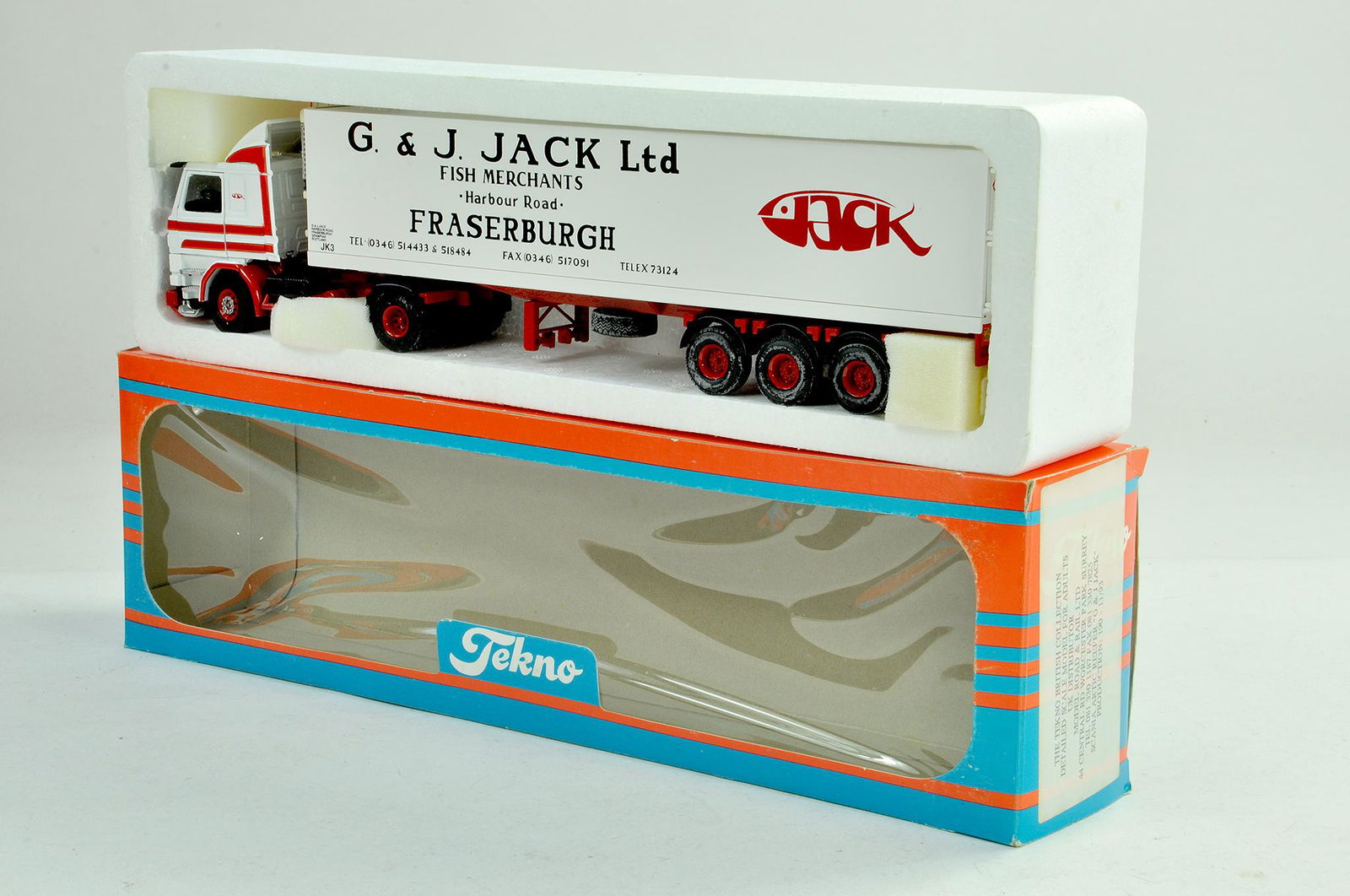 Tekno Diecast Model Truck Issue comprising G&J Jack: Tekno Diecast Model Truck Issue comprising G&J Jack Fridge Trailer. Appears very good to excellent in box (box has some storage wear).